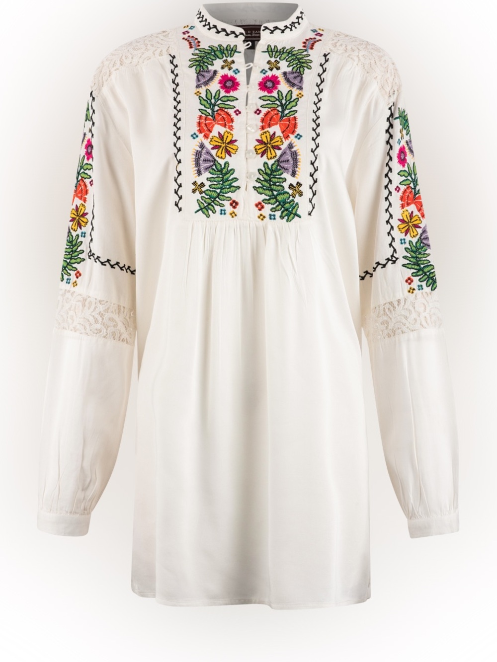 Double D Ranch Sea Salt Mateo Top Long Sleeves Collared Lace Floral Embroidery S